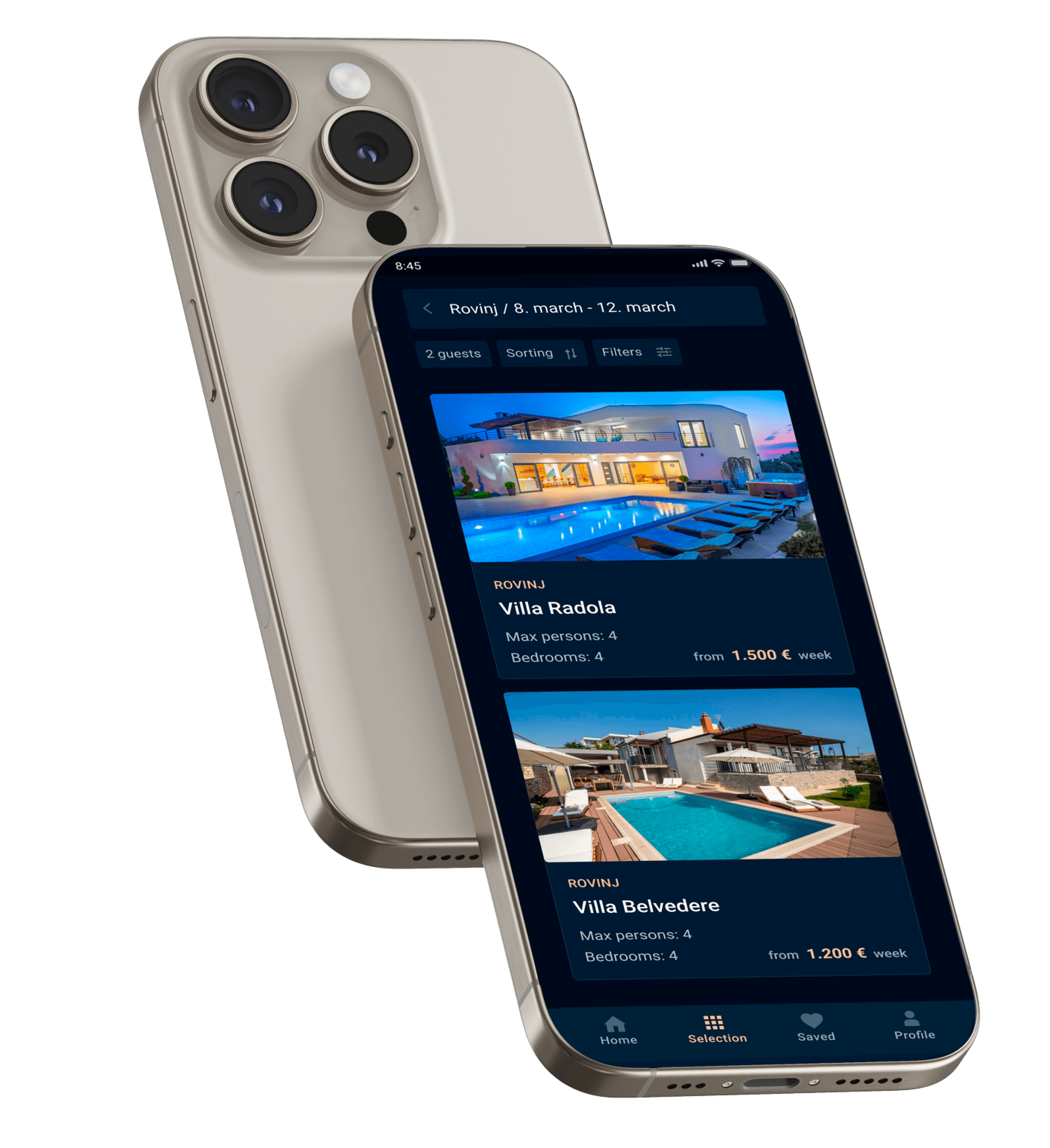 A smartphone displaying a screen with travel destination options, set against a simple background.